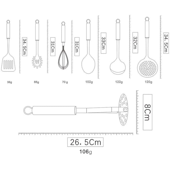 MHAWBL-Cooking Utensil Set 8 Piece, Stainless Steel Kitchen Tool Set with Stand,Cooking Utensils, Slotted Tuner, Ladle, Skimmer, Serving Spoon, Pasta Server,Potato Maseher, Egg Whisk. 8 Pieces
