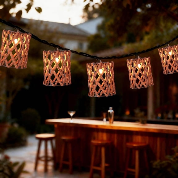 MHAWBL-Decorative String Lights Plug in with 10 Incandescent Bulbs, Handwoven Rattan Cylinder-shaped Boho Lantern String Lights Connectable Weatherproof Outdoor Indoor for Bedroom Patio Pergola Decor