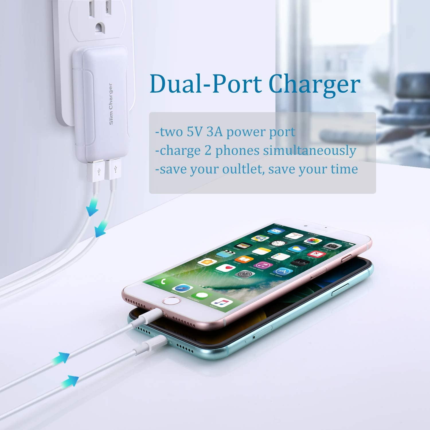 MHAWBL-Flat USB Wall Charger - Slim USB Plug for Wall Outlet, Compatible with iPhone 16 15 14 Pro Max/13/12/11/Xr/Xs/X, Galaxy A03s/A13/A12/S22/S21/S20/10/9/8, Webcam - 2-Pack, White