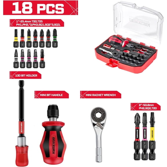 MHAWBL-Geinxurn 18 Pieces Tool Kit with Matching Storage Box, Include 1/2 S2 Steel Magnetic Screwdriver Bits (Phillips/Square/Torx), Mini Bit Handle, Mini Rachet Wrench, Bit Holder for Home Repairs
