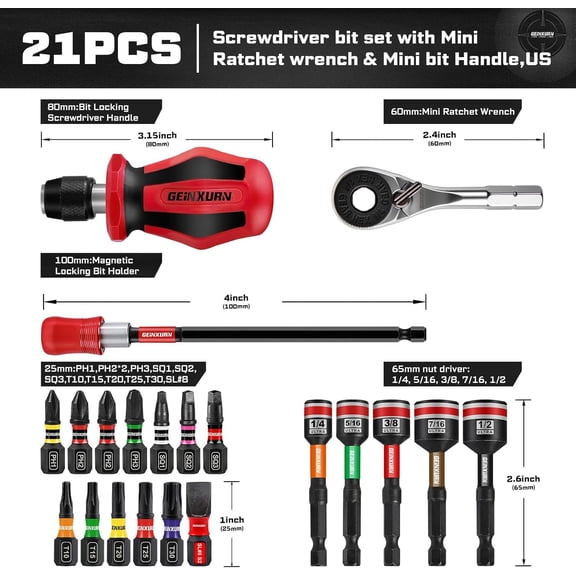 MHAWBL-Geinxurn 21 Pieces Tool Kit Include Mini Ratchet Wrench, S2 Steel Screwdriver Bit, Mini Screwdriver Handle, Magnetic Locking Bit Holde, Socket Wrench Nut Driver Set. Portable Hand Tools Set fo