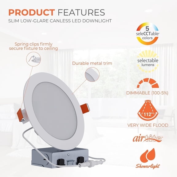MHAWBL-HLB 6 in LED Recessed Lighting Canless Dimmable Wet Location Selectable Lumens and Selectable Color 27/30/35/40/5000K Indoor Outdoor Soffit Ceiling Downlight HLB6LSFS5