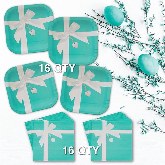 MHAWBL-Iconic Turquoise & Sweetheart Locket Tableware for 16 Guests! This Picturesque set includes 16 ea. Large Plates & Luncheon Napkins. by