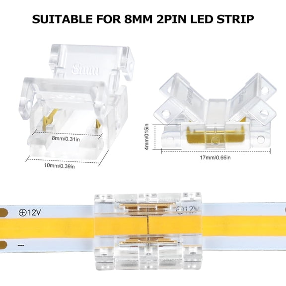 MHAWBL-LED Connectors 2Pin 8mm, 10 PCS Strip to Strip Connector Transparent Solderless, Unwired Gapless Tape Light Connector, No Dark Area for COB/SMD 2835 3528 Single Color LED Strips
