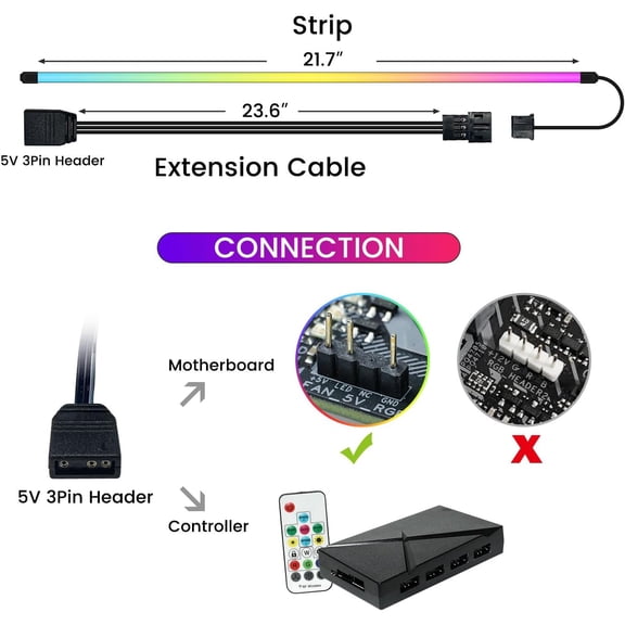 MHAWBL-LED Strip for PC, 21.7-inch 5V 3-Pin ARGB Light Bar, Chassis Lighting for Aura SYNC, Gigabyte RGB Fusion, MSI Mystic Light Sync with 8 Bracket