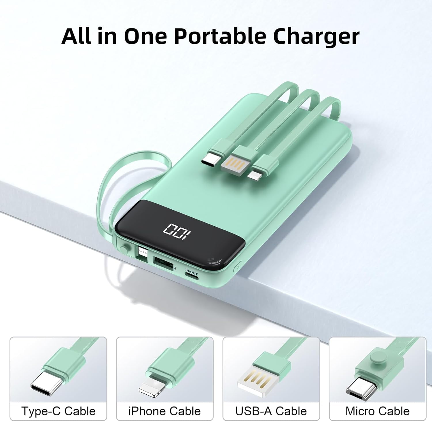 MHAWBL-Portable Charger 10000mAh Power Bank with Built-in Cable, 5 Output 2 Input Travel Essential External Battery Pack with LED Display Compatible with iPhone 17/16/15/14 Samsung Android, etc