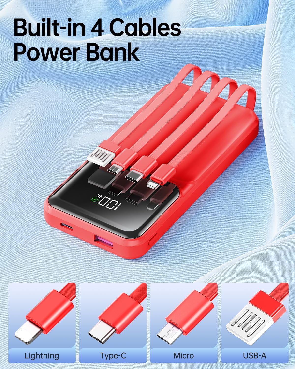 MHAWBL-Portable Charger with Built in Cable - Power Bank Fast Charging USB C LED Display 10000mah Battery Pack 5 Outputs & 3 Inputs for Travel Essentials iPhone Samsung Android Phones Tablets Red