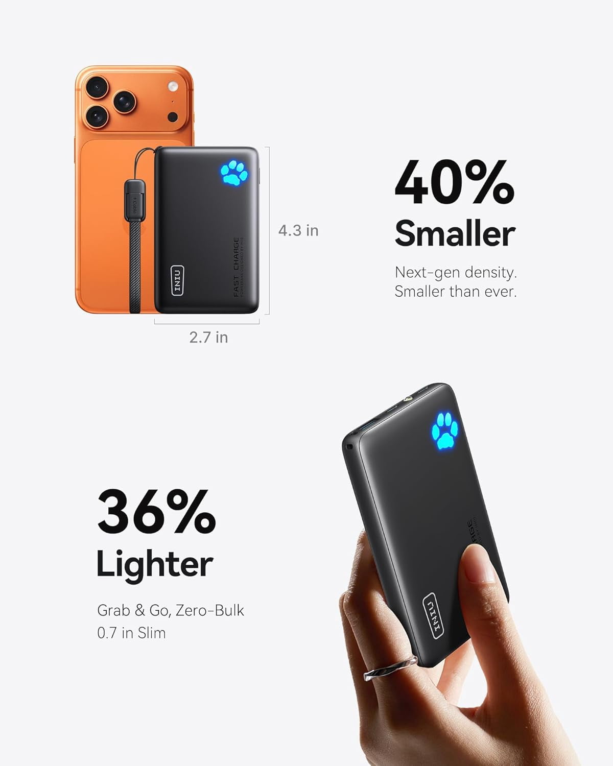 MHAWBL-Portable Charger, Ultra Slim 45W Fast Charging with Attached USB C Cable, Flight-Safe 10000mAh PD Power Bank Battery Pack, Travel Essential Phone Powerbank for iPhone 17 16 Samsung S25 Google