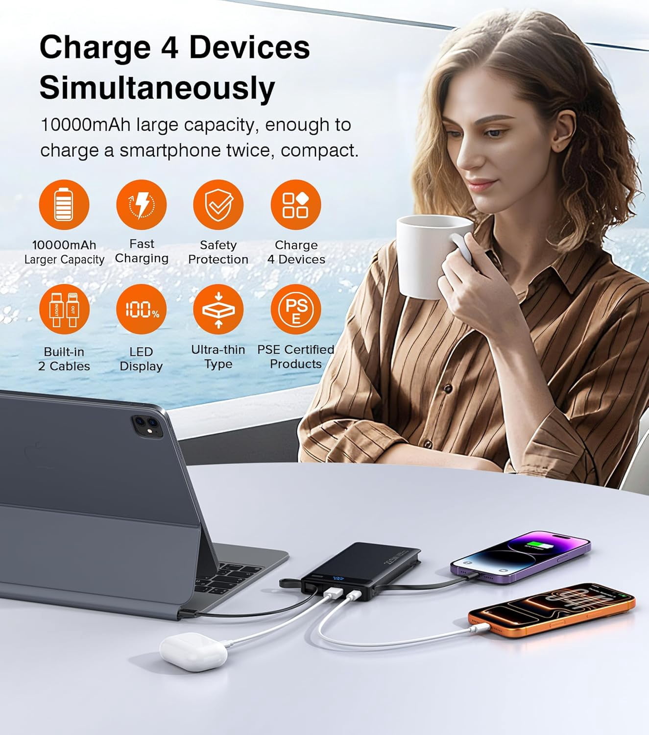 MHAWBL-Power Bank with 2 Built-in Cables 10000mAh, 22.5W PD Slim Portable Charger USB C Battery Pack, Travel Essentials Fast Charging Powerbank Compatible with iPhone 17 16 15 14 Plus Pro Samsung iPa