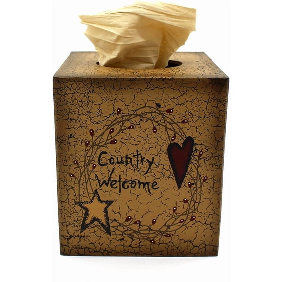 MHAWBL-Primitives Square Tissue Box Cover Rustic Country Welcome Cardboard Tissue Box Holder for Home/Bath Decor, 5-1/4 x 5-1/4 x 6 Inch