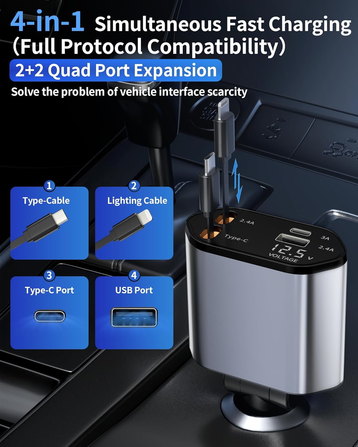 MHAWBL-Retractable Car Charger, 4 in 1 Fast Charging Car Charger USB-C & USB-A Compatible with iPhone 16/15/14/13/12/11/X,Galaxy,Pixel