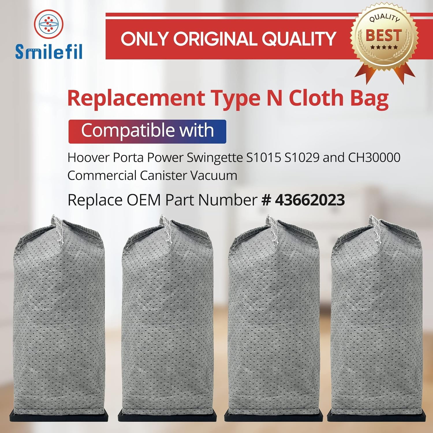 MHAWBL-Smilefil 4PCS CH3000 Replacement Cloth Bags Compatible with Hoover PortaPower Swingette S1015 S1029 and CH30000 Commercial Canister Vacuum, Replace Part # 43662023