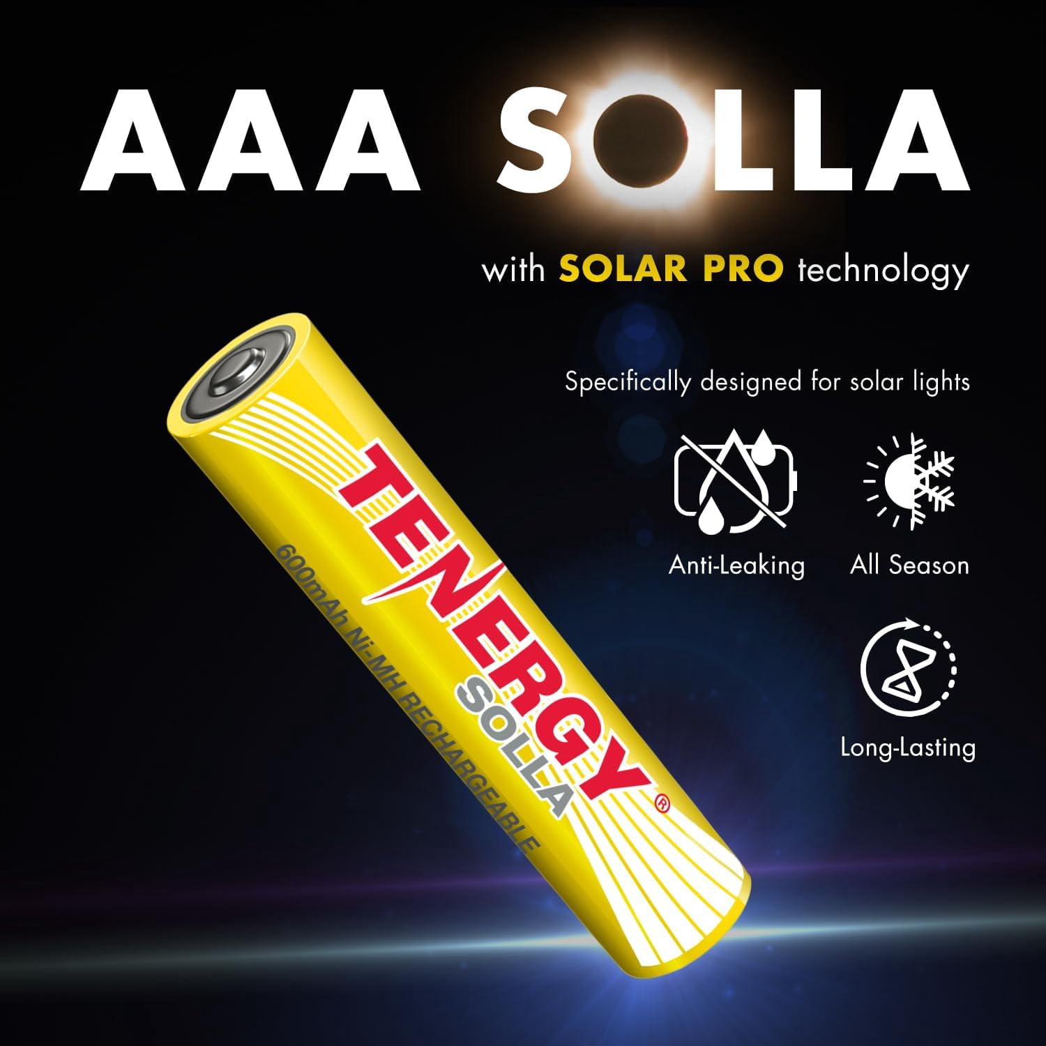 MHAWBL-Solla AAA Rechargeable NiMH Battery, 600mAh Solar Batteries for Outdoor Solar Lights, Patio Lights, Anti-Leak, Outdoor Durability, 5+ Years Performance, 24 Pack, UL Certified