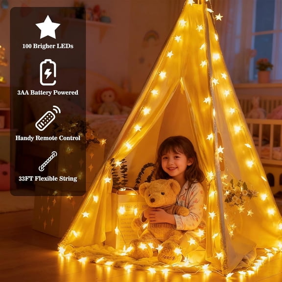 MHAWBL-Star String Lights, 33ft 100 LED 8 Modes Star Fairy Lights Battery Operated Waterproof Indoor Outdoor for Bedroom Patio Party Wedding Tent Loft Bed Xmas Tree Decor, Warm White