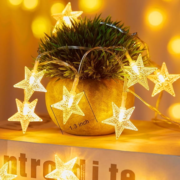 MHAWBL-Star String Lights Battery Operated - 17 ft 50 LED Star Fairy String Lights with Timer, Waterproof for Indoor Bedroom Tent Loft Bed Patio Party Wedding Ramadan Decorations, Warm White