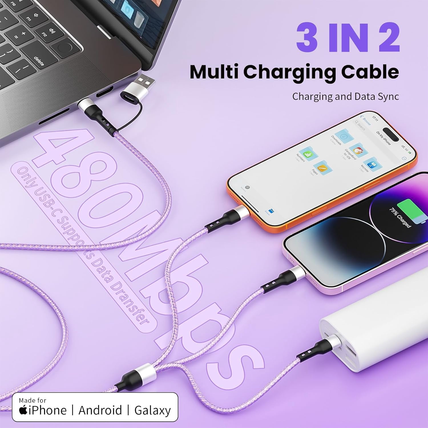 MHAWBL-Travel Essentials, 3 in 2 Multi Charging Cable USB C Charger for iPhone 17, Multi Charger Cord with Type C/IP/Micro USB, Compatible for iPhone 17 to 11, Android, Galaxy, iPad, Data Sync, 5 FT