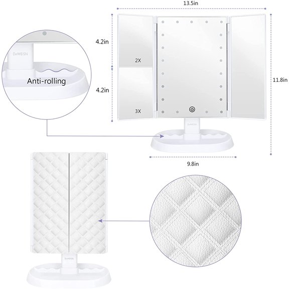 MHAWBL-Trifold Lighted Vanity Makeup Mirror with 21 LEDs Lights,1x/2x/3x Magnification and Touch Screen Dimming,Two Power Supplies Makeup Mirror, Gift for Women