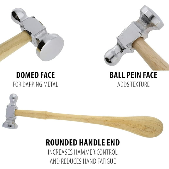 MHAWBL-Two-Sided Chasing Hammer  11.5 Inches Wooden Handle, 2.25 Steel Head with a 14mm Ball Pein & 25mm Domed Face  Metalwork Tool Used to Add Texture & Dimension to Metalwork