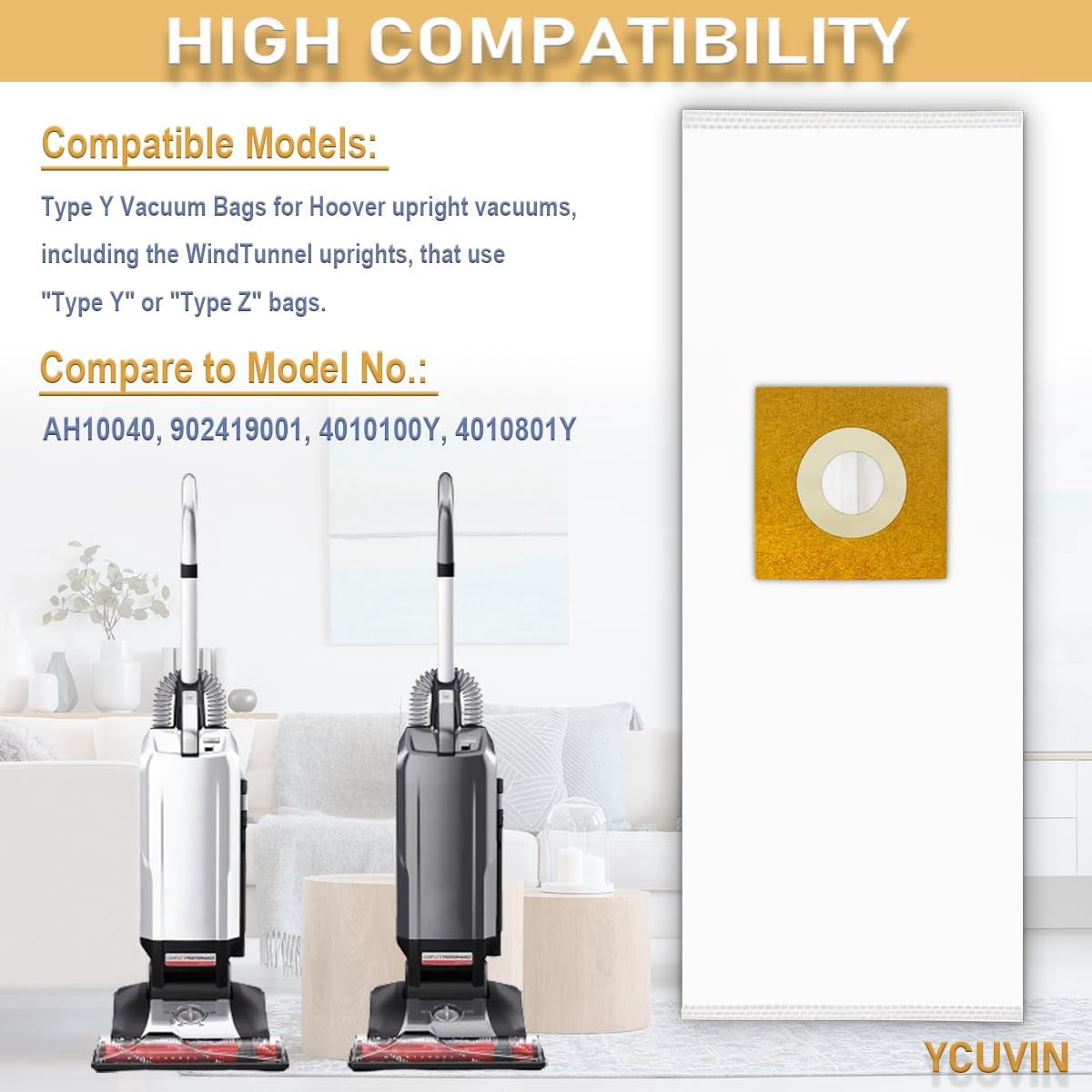 MHAWBL-Type Y HEPA Vacuum Bags for Hoover Style Y, Z, YZ Upright Vacuums, WindTunnel Uprights, Part # AH10040, 902419001, 4010100Y, 4010801Y, 6 Pack