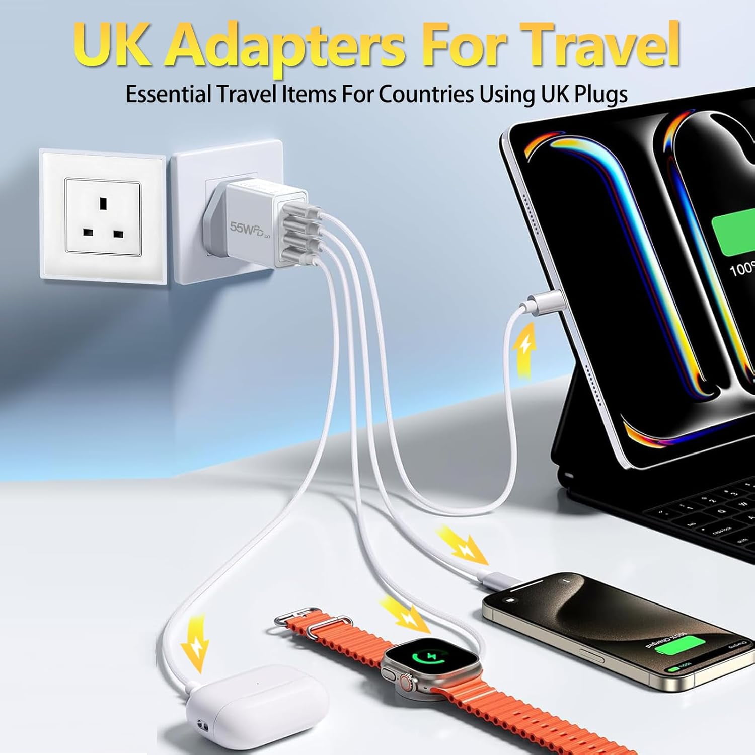 MHAWBL-UK Travel Plug Adapter, Type G Plug Adapter 55W 4 Port UK USB C Charger Fast Charging Block UK Ireland Plug Charger for iPhone 17 16 15 14 13 12 11 Pro Max X 8, Galaxy, LG, Pixel, Android