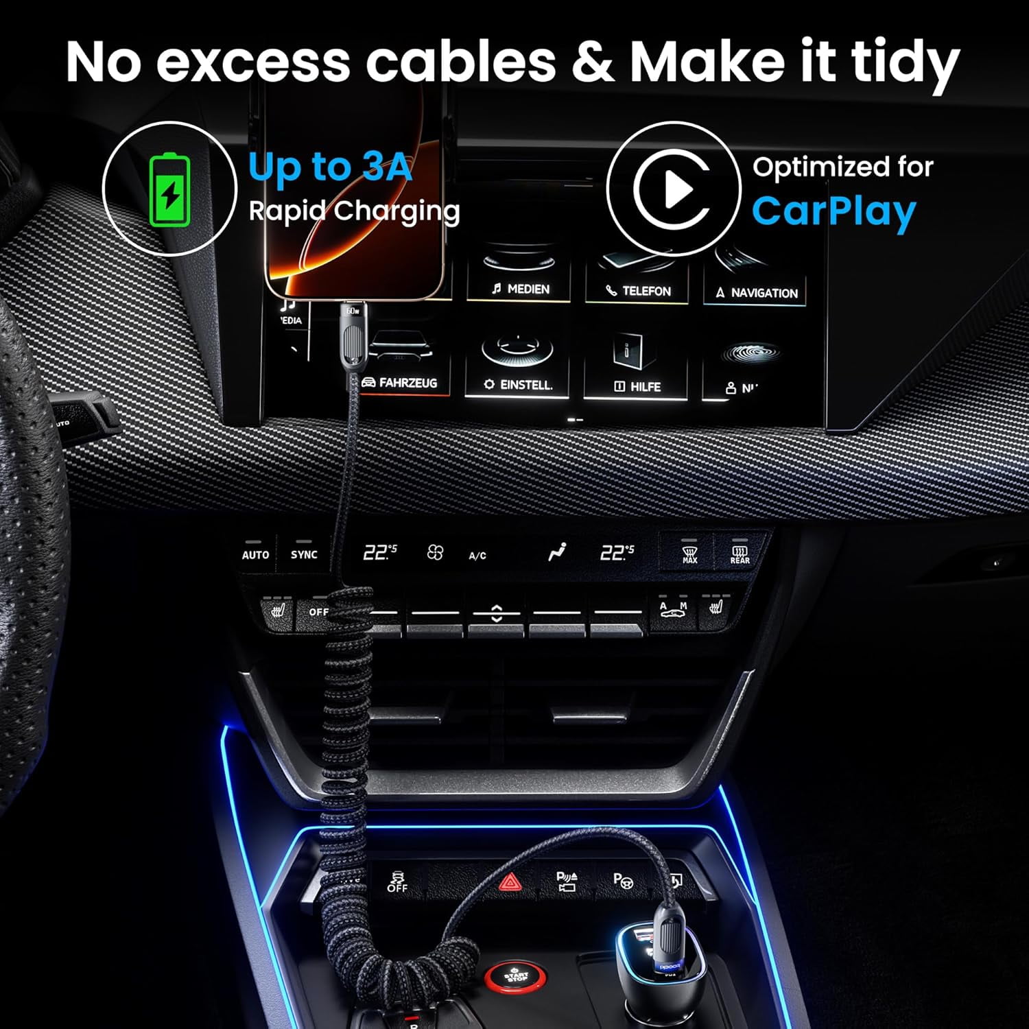 MHAWBL-USB C Coiled Cable [3FT, 2Pack] Braided Fast Charging Type C Cord for Car CarPlay, Compatible with iPhone 17 16 15 Pro Max Plus, Samsung Galaxy S24 S23 S22 Ultra, Note 20 10, S10, A15