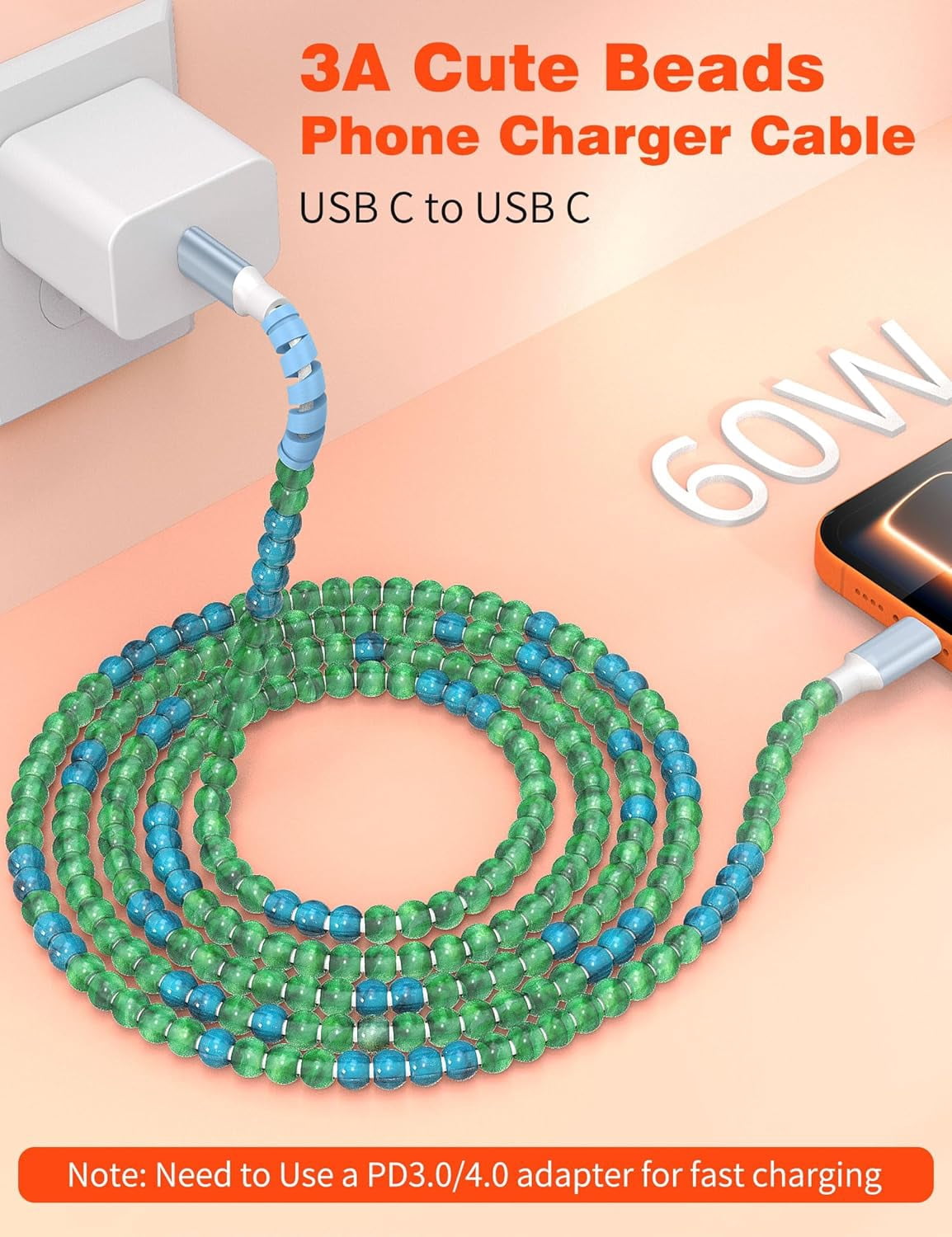 MHAWBL-USB C to USB C Cable 6FT 60W Beaded Phone Fast Charging Cord&Car Charger for iPhone 17 16 15 Pro Max/iPad Pro 10th A16 for Samsung S26 S25 S24 Ultra A17 Android Phone Charger Cute Girl Women,B