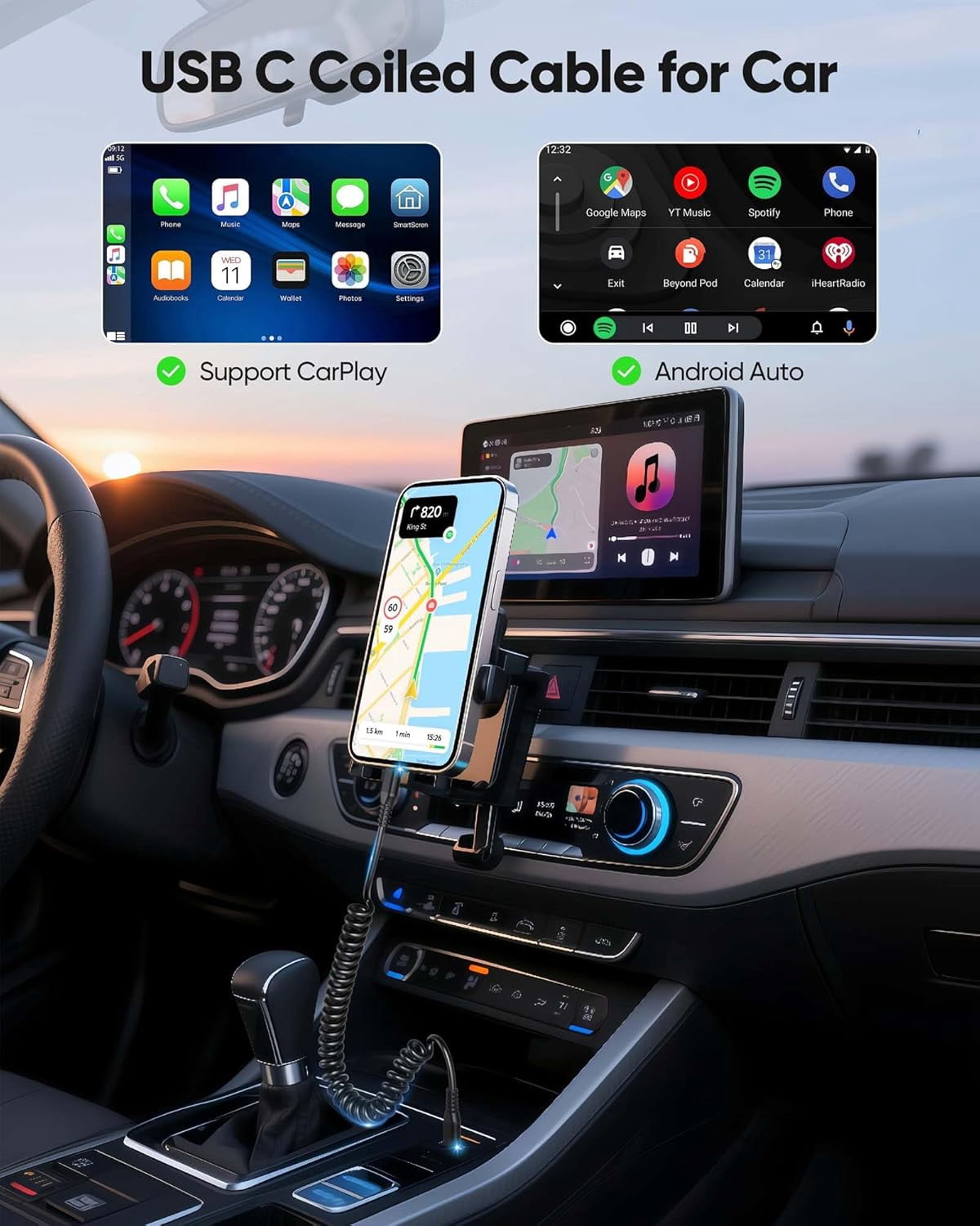 MHAWBL-USB C to USB C Cable Coiled 2-Pack, Retractable USB C Cable, 3FT 60W Fast Type-C Car Charger Cord for CarPlay and Android Auto, Type-C Fast Charing for iPhone 17/16/15, Samsung S23/S24/S25/S26