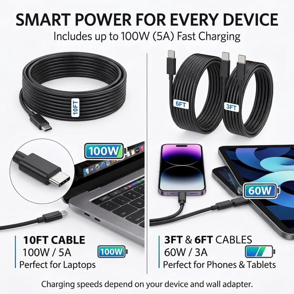 MHAWBL-USB-C to USB-C Fast Charging Cable 3-Pack (100W 5A 10ft, 60W 3ft/6ft) – High-Speed Type-C Power Cord in Black, Compatible with Samsung Galaxy S26, S25+, S24 Ultra, S23 & for iPhone 17/16/15