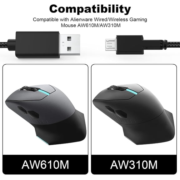 MHAWBL-USB Charging Cable Gaming Mice Power Cord Wire Compatible with Alienware Wired/Wireless Gaming Mouse AW610M/AW310M, Braided, Fast Transmission Replace USB Charger Cord