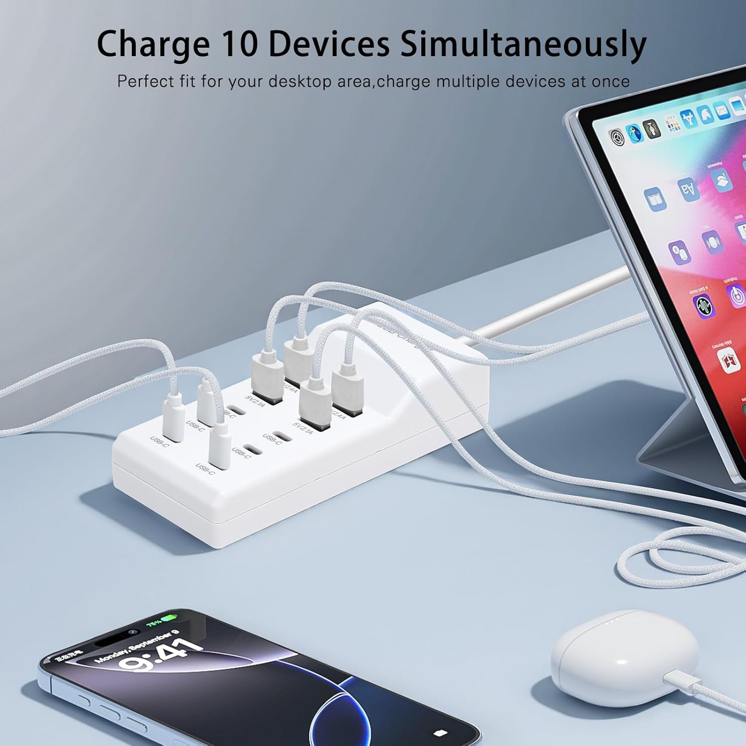 MHAWBL-USB Fast Charger, 10-Port Portable Charging Station, Suitable for Various Devices, Compatible with iPhone, iPad, Samsung, Google, Xiaomi, Huawei and Other USB Charging Devices