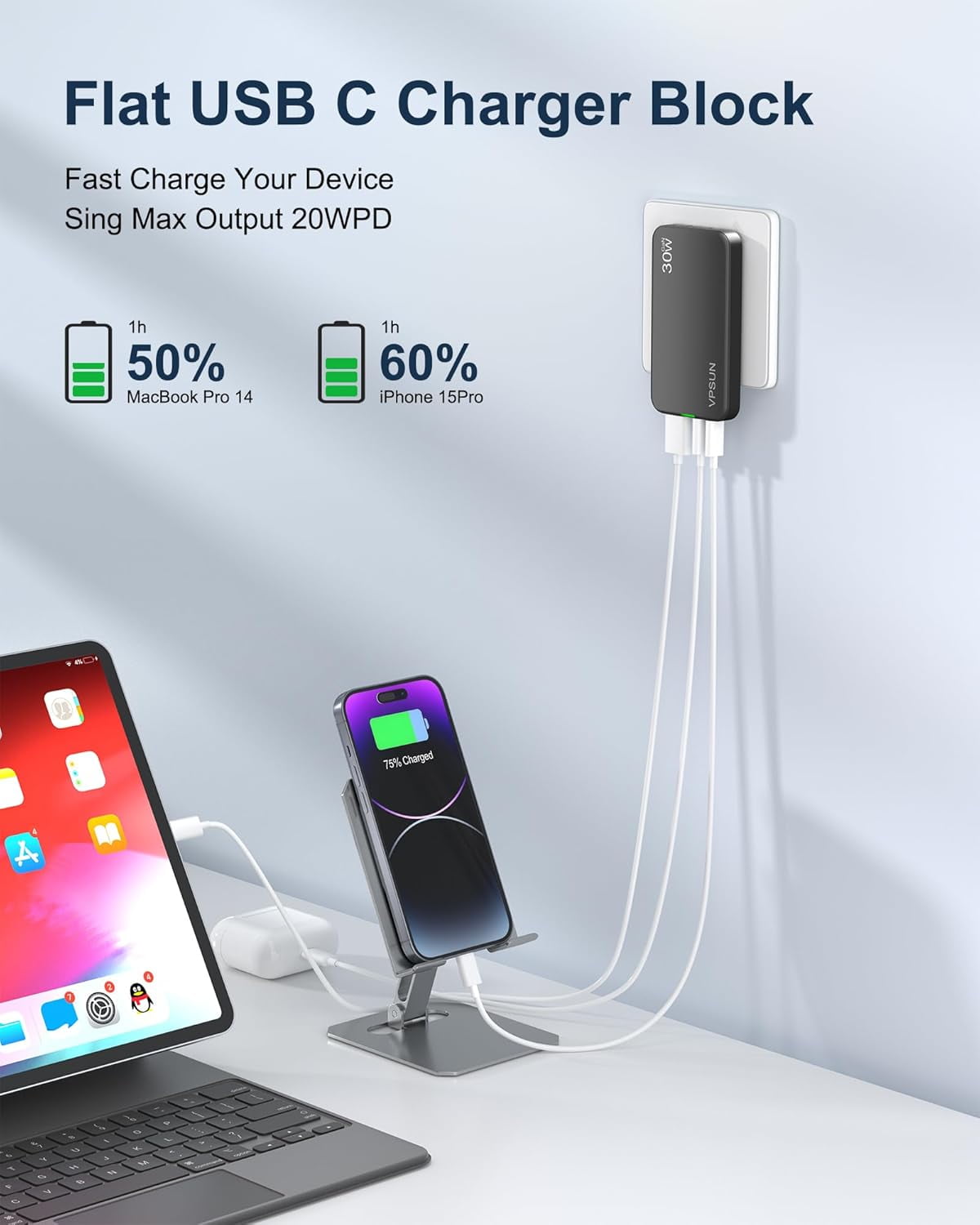 MHAWBL-USB Wall Charger Block 30W,3 Port Ultra Thin Flat USB C Charging Plug,Foldable Power Adapter for iPad,iPhone 15/16,Samsung (Gray)