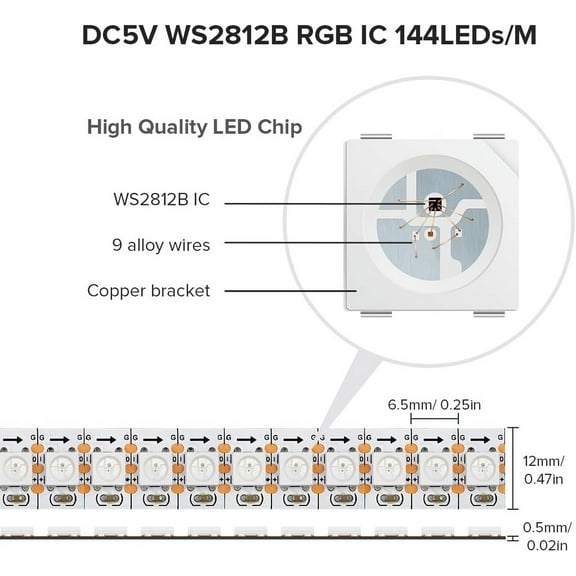 MHAWBL-WS2812B LED Strip Light 3.3FT/1M 144LEDs/m Individually Addressable Programmable 5050SMD Digital RGB Alloy Wires Flexible Dream Color IP30 Non-Waterproof PCB White DC5V