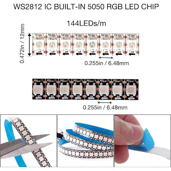 MHAWBL-WS2812B LED Strip SMD 5050 Individual Addressable 144Pixels/m 144Pixels WS2812b IC RGB Strip Full Color LED Strip Non-Waterproof DC5V (3.2FT 144led IP30, White PCB)