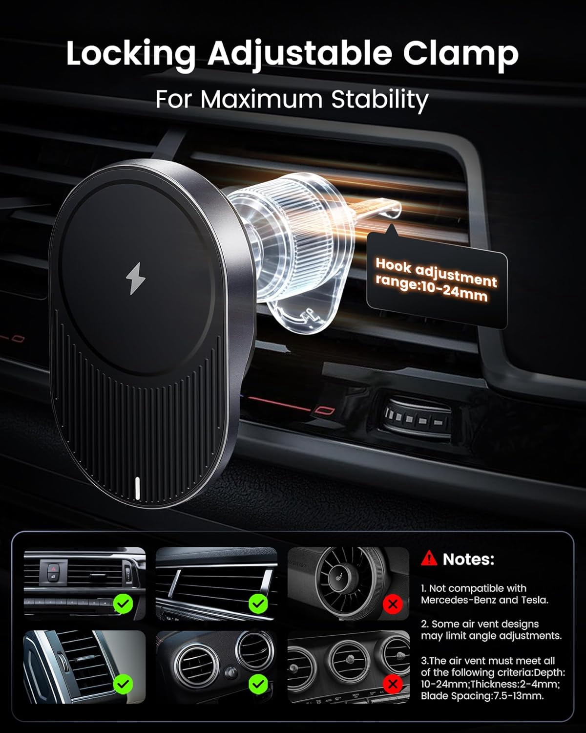 MHAWBL-for MagSafe Car Mount Charger, 15W Fast Wireless Cars Charger with Retractable Charging Cable, Magnetic Car Phone Holder for iPhone 17/16/15/14/13/12 Series (Plus & Mini) (Black)
