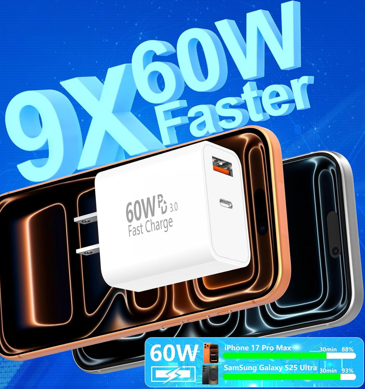 MHAWBL-iPhone 17 Charger Fast Charging, 60W GaN USB-C & USB-A Wall Charger Block with 2 USB C to USB C Cable 6ft, Compatible with iPhone 17/Air/16/15/Pro Max/iPad/Samsung