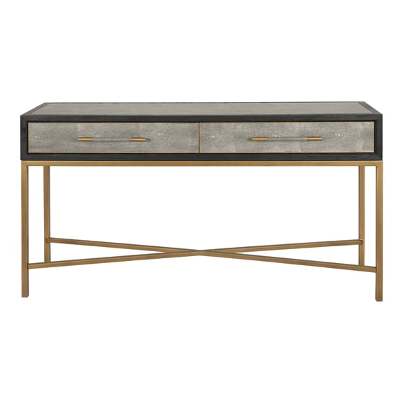 MHC Console Table with Shagreen Patterned Faux Leather, Solid Oak Frame & Brass Legs, Grey, Oversized Entryway Table