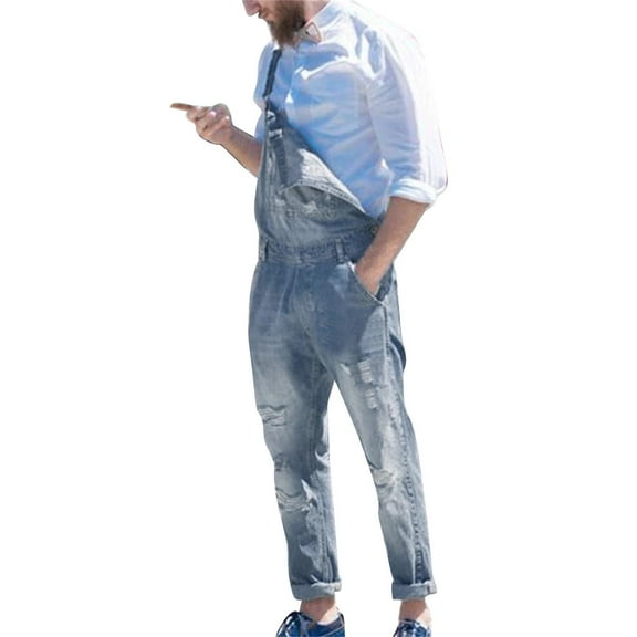 MHFRRA Baggy Jeans Men Fashionable Men's Suspenders Denim Jumpsuit Ripped Jeans Trousers Fashionable Work Clothes Size L