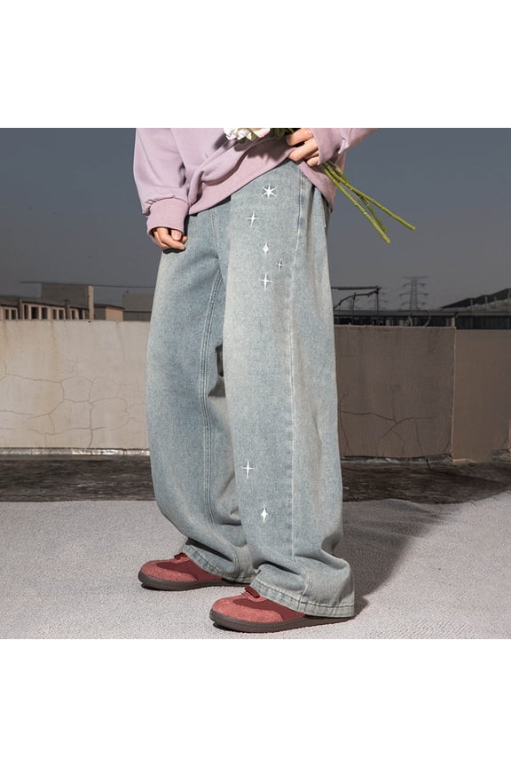 Baggy Jeans Men Men's Casual Denim Pants Old Washed Semi Elastic Jeans Loose Texture Embroidery Straight Pants Size M