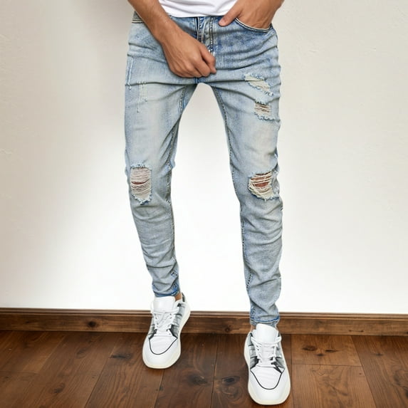 MHFRRA Bootcut Jeans for Men Men's Straight Leg Jeans Distressed Denim Pants for Casual Daily Wear Comfortable Stretch Fit Fashionable Tear Details Versatile Outfit Pairing Size 36
