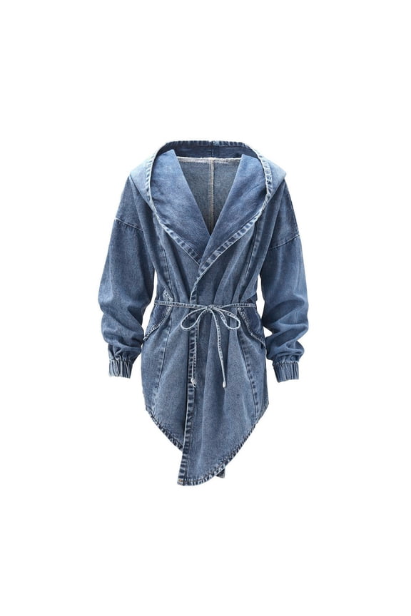 Denim Shacket Waisted Denim Windbreaker Long Sleeved Denim Jacket for Women Korean Style Cardigan Mid Length Cape