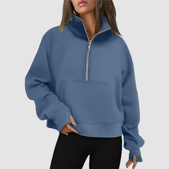 MHFRRA Fall Sweatshirts Womens Sweatshirts Half Zip Cropped Pullover Quarter Zipper Hoodies Fall Outfits Clothes Thumb Hole