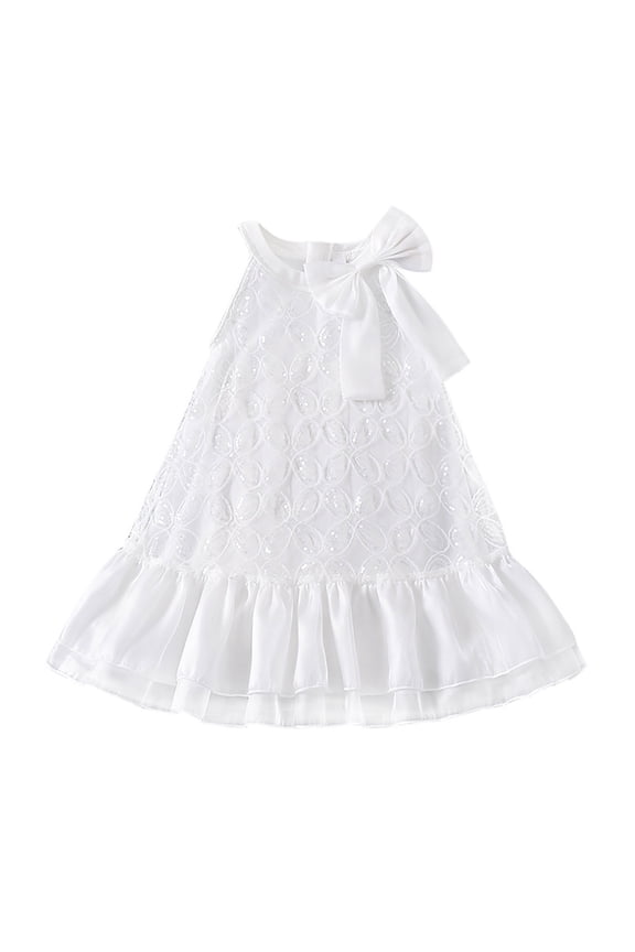 Girl Dress Girl Summer Dresses White Lace Sleeveless Dress with Bow Tie Casual Outfit for Toddler Kids Age 3 8