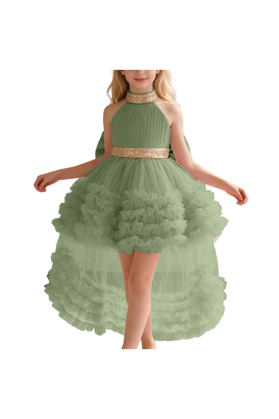Girls Fashion Girls Dress with Train Tiered Neck Gown for Pageant Recital Performance