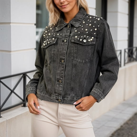 MHFRRA Jean Jacket Women Slim Fit Denim Jacket Cropped Washed Stretch Casual Long Sleeve Blue Lightweight Outerwear Coat for Fall Season