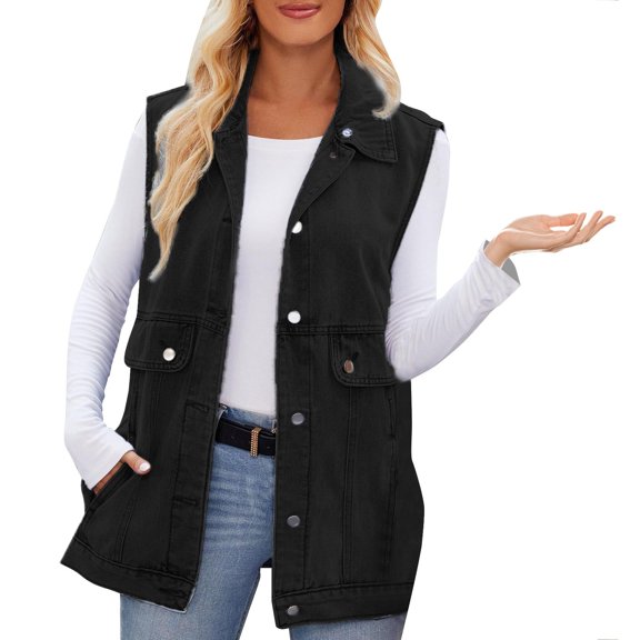MHFRRA Jean Jacket Women Women‘S Stylish and Denim Vest Jacket with Buttons Cowboy for Women