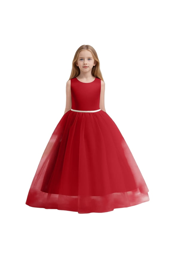 Kids Dress Flower Girls Satin Pageant Dress for Wedding Kids Pearls Prom Gowns with Bow Knot