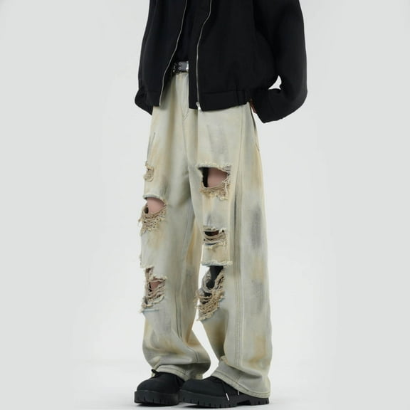 MHFRRA Men's Jeans Men's Street Hop Hand Painted Wide Leg Trousers Yellow Clay Dyed Ripped Washed Jeans Size XXL