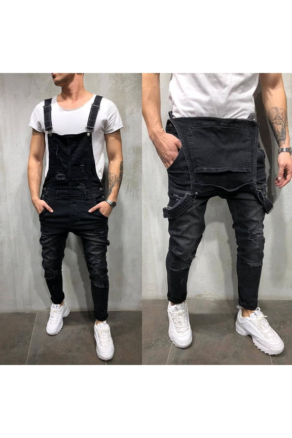 Mens Bootcut Jeans Men's Overall Casual Jumpsuit Jeans Wash Broken Pocket Trousers Suspender Pants Size XL