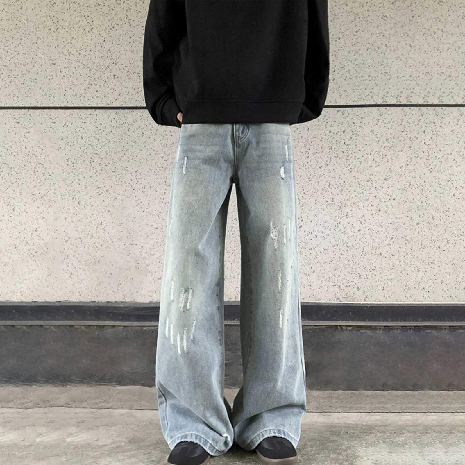 MHFRRA Mens Bootcut Jeans Men's Washed and Retro Loose Wide Legged ...