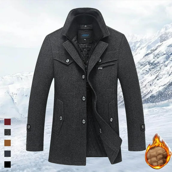 MHFRRA Mens Coat Winter Male Zipper Woolen Double Neck Mid Length Jacket Warm
